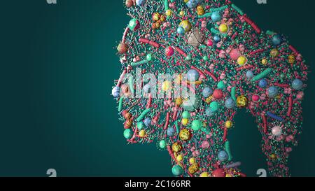 Silhouette of a human with skin flora,microorganisms which naturally colonize the human skin - 3d illustration Stock Photo