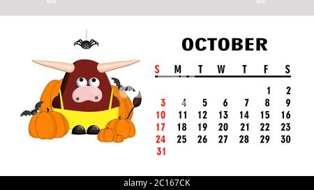 Cute children's calendar 2021. Year of the bull. Funny bull character isolated on a white background. Symbol of 2021. October. Stock Vector