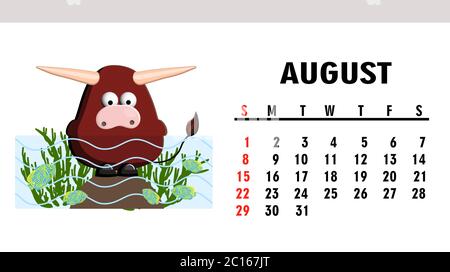 Cute children's calendar 2021. Year of the bull. Funny bull character isolated on a white background. Symbol of 2021 Stock Vector