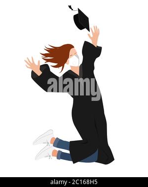 Young 20202 graduate student girl in medical mask and graduation gown jumping and throwing the mortarboard high into the air. Flat vector illustration Stock Vector