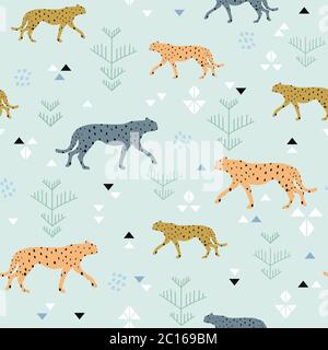 Seamless pattern with cheetahs, leopards in the jungle . Vector illustration Stock Vector