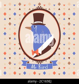 Vintage bird portrait in topper Stock Vector