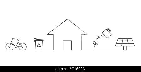Green living concept. House, bicycle, recycle bin, solar panel, plant. Go green idea. Eco friendly home. Thin line icons. Black outline. Vector Stock Vector