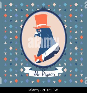 Vintage pigeon portrait in topper Stock Vector