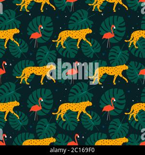 Seamless pattern with flamingo,   cheetahs, leopards and tropical leaves in the jungle . Vector illustration Stock Vector