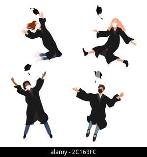 Seamless border with happy graduate students in medical masks. 2020 Grads jumping and throwing the mortarboard high into the air. Flat vector Stock Vector