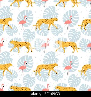 Seamless pattern with flamingo,   cheetahs, leopards and tropical leaves in the jungle . Vector illustration Stock Vector
