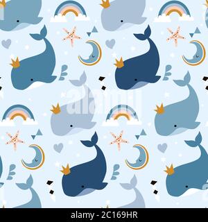 Seamless childish pattern with whales. Creative kids hand drawn texture for fabric, wrapping, textile, wallpaper, apparel. Vector illustration Stock Vector