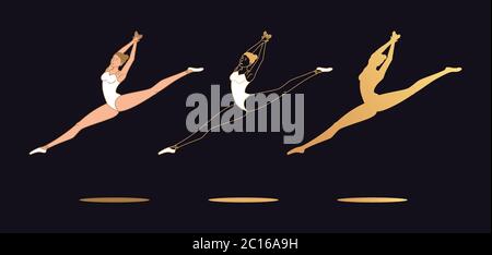 Golden ballerina woman in outline style. Set of silhouette, Ballet dancer performs jump and soars with twine in the air. Ballet posture and posing, da Stock Vector