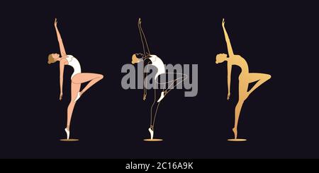 Golden ballerina woman in outline style. Set of silhouette, Ballet dancer stands on one leg, bends back and looks up. Ballet posture and posing, dance Stock Vector