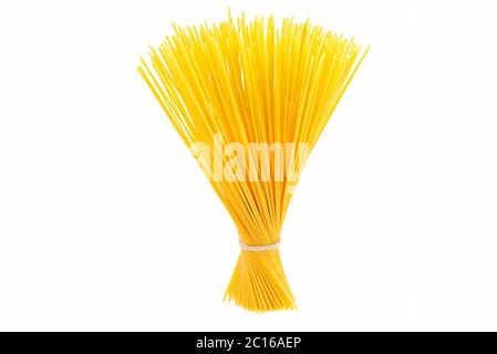 Pasta spagetti tied with a gray string standing in the middle, isolated on a white background. Stock Photo