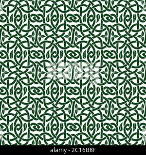 illustration with seamless green floral celtic pattern with leaves on white background Stock Vector