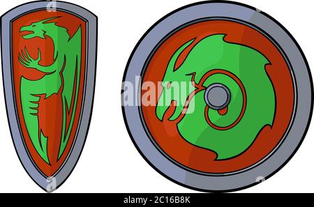 Beautiful illustrations with shields and drawings with dragons on them Stock Vector