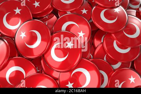 Turkey Badges Background - Pile of Turkish Flag Buttons. Stock Photo