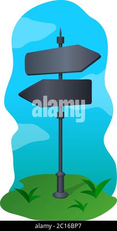 Cartoon illustration with black signpost with two arrows and beautiful background Stock Vector