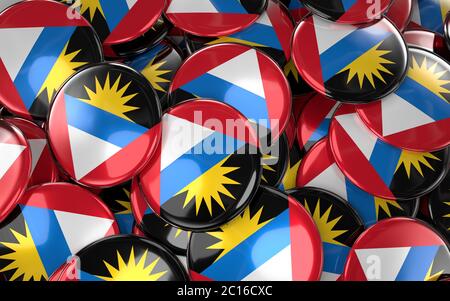 Antigua and Barbuda Badges Background - Pile of Antiguan Flag Buttons. Stock Photo