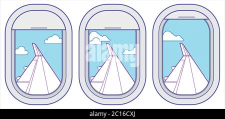 Airplane window icon set with cloudy sky and plane wing view Stock Vector