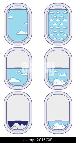 Airplane window icon set with cloudy sky view Stock Vector