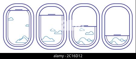 Airplane window icon set with cloudy sky view Stock Vector