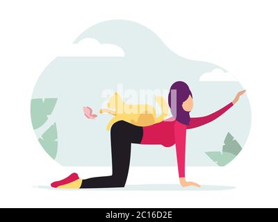 Woman practices yoga at home with a cat in a cow pose bitilasana. Muslim woman in hijab. Stock Vector