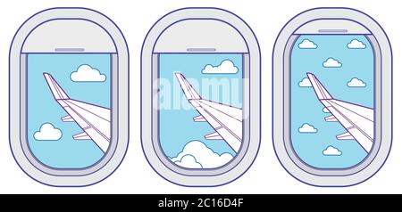 Airplane window icon set with cloudy sky and plane wing view Stock Vector