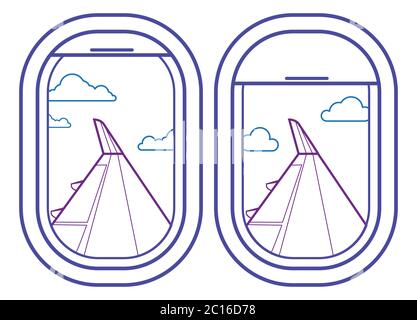 Airplane window icon set with cloudy sky and plane wing view Stock Vector