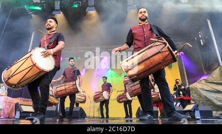 Punjabi Dhol Drummers group performance at Diwali on the Square, Diwali Festival Trafalgar Square, London, UK Stock Photo