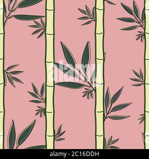 Seamless pattern with green bamboo and soft green leaves leaves in soft pink background. Stock Vector