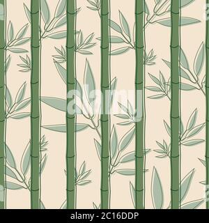 Seamless pattern with green bamboo and soft green leaves leaves in soft yellow background. Stock Vector