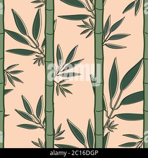 Seamless pattern with green bamboo and soft green leaves leaves in soft yellow background. Stock Vector