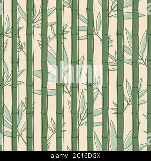Seamless pattern with green bamboo and soft green leaves leaves in soft yellow background. Stock Vector