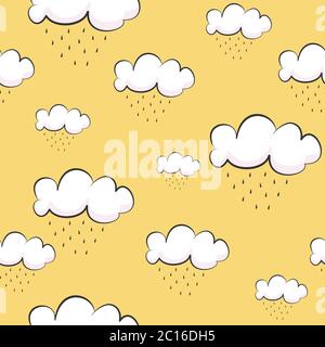 Seamless pattern of clouds with rain on yellow background. Vector drawing of repeating clouds.Design background for greeting cards, invitations etc. Stock Vector