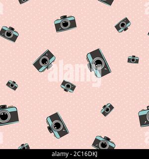 Seamless pattern with randomly placed cameras and pink background. Stock Vector