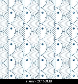 Vector seamless pattern with blue waves and cute fishes on white background. Stock Vector
