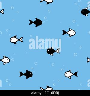 Vector seamless pattern with cute black and white fishes. Stock Vector