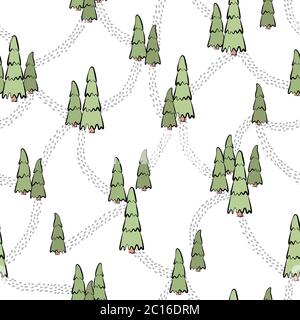 Seamless pattern of a forrest with pine trees and paths between them.Vector illustration for invitations, prints, wrapping paper, greeting cards etc. Stock Vector