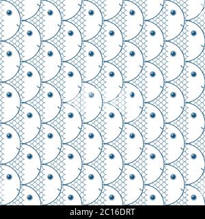 Vector seamless pattern with cute blue fishes on white background Stock Vector