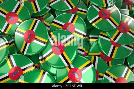 Dominica Badges Background - Pile of Dominican Flag Buttons. Stock Photo