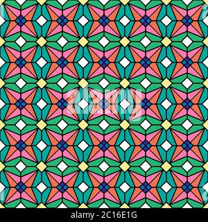 Seamless pattern. Brackets, octagons, triangles wallpaper. Crossed diagonal lines ornament with bright colors.Curves, polygons, slanted pinstripe Stock Vector
