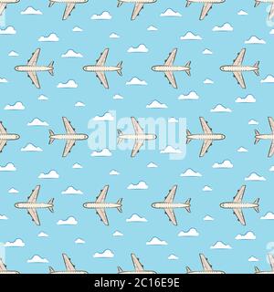 Seamless pattern with planes and clouds on blue background. Cute vector illustration flat style design for invitations, prints, wrapping paper, greeti Stock Vector