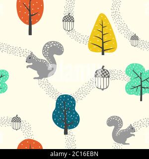 Seamless forrest pattern with squirrels and nuts. Cute childish texture for fabric, textile, apparel, nursery decoration. Vector illustration Stock Vector