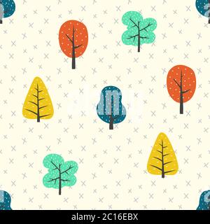 Seamless forrest pattern with colorful trees. Cute childish texture for fabric, textile, apparel, nursery decoration. Vector illustration Stock Vector