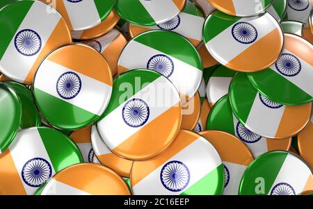 India Badges Background - Pile of Indian Flag Buttons. Stock Photo