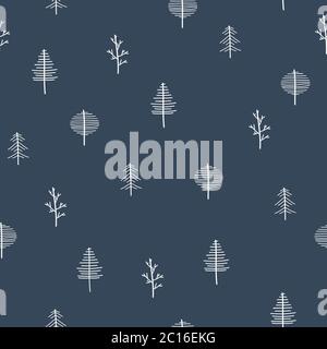 Vector seamless pattern with minimal 4 kind of trees on dark blue background Stock Vector