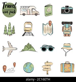Hand drawn style colorful travel icon set Stock Vector
