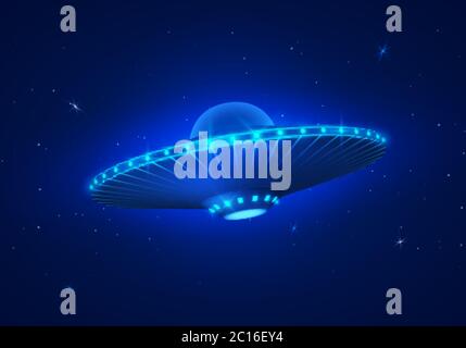 UFO in dark blue night sky. Vector illustration Stock Vector