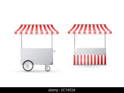Cart with awning. Mobile street food delivery. Shop on wheels. Vector illustration isolated on white Stock Vector