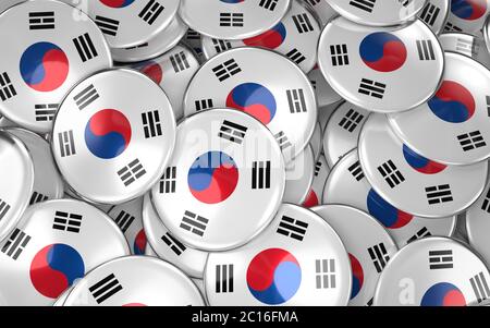 South Korea Badges Background - Pile of South Korean Flag Buttons. Stock Photo