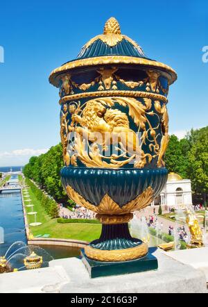 Ancient vase on a fencing of Grand Cascade Fountains At Peterhof Palace, St. Petersburg Stock Photo