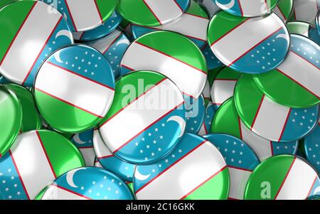 Uzbekistan Badges Background - Pile of Uzbek Flag Buttons. Stock Photo